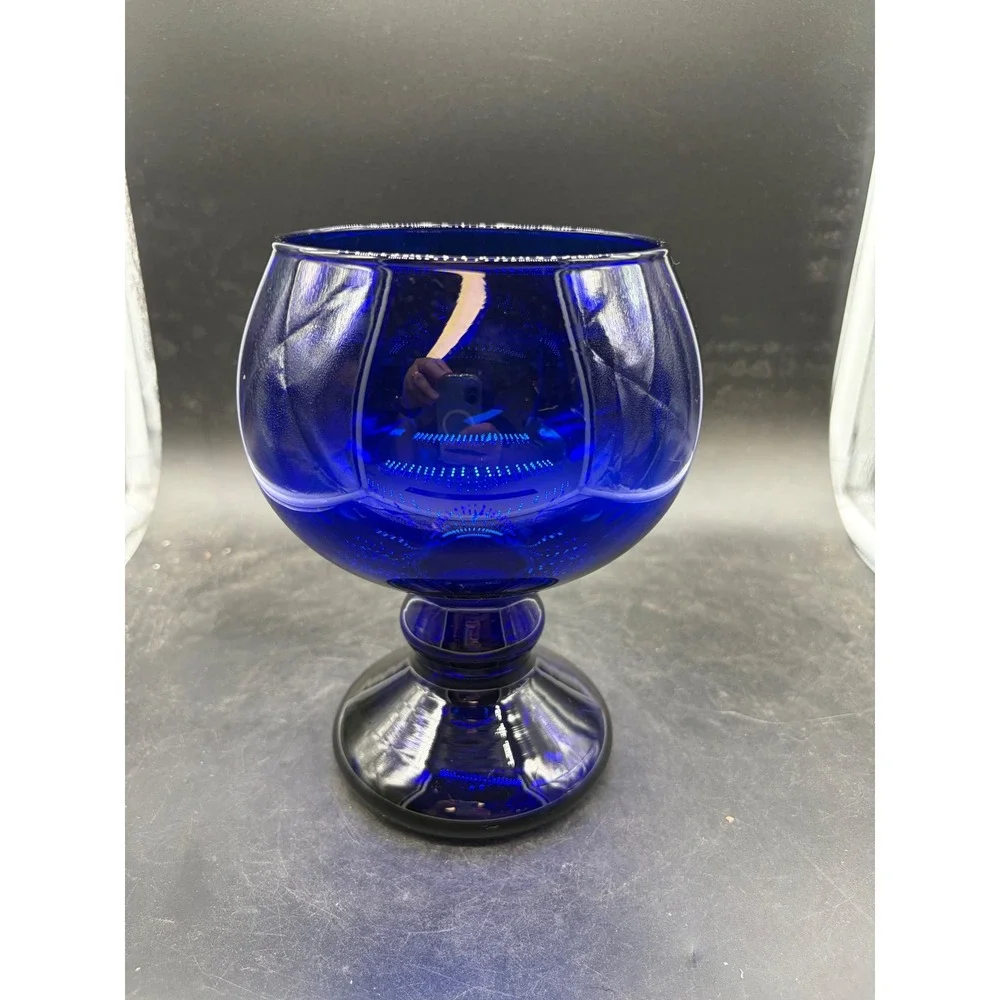 Vintage Cobalt Blue Glass Brandy Snifter Oversized Goblet Pedestal Glassware